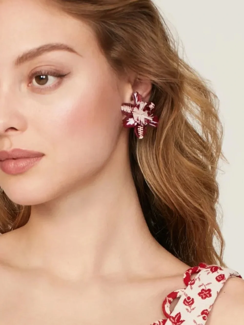 Oscar de la Renta Tropical Flower Earrings Burgundy Red Clip On